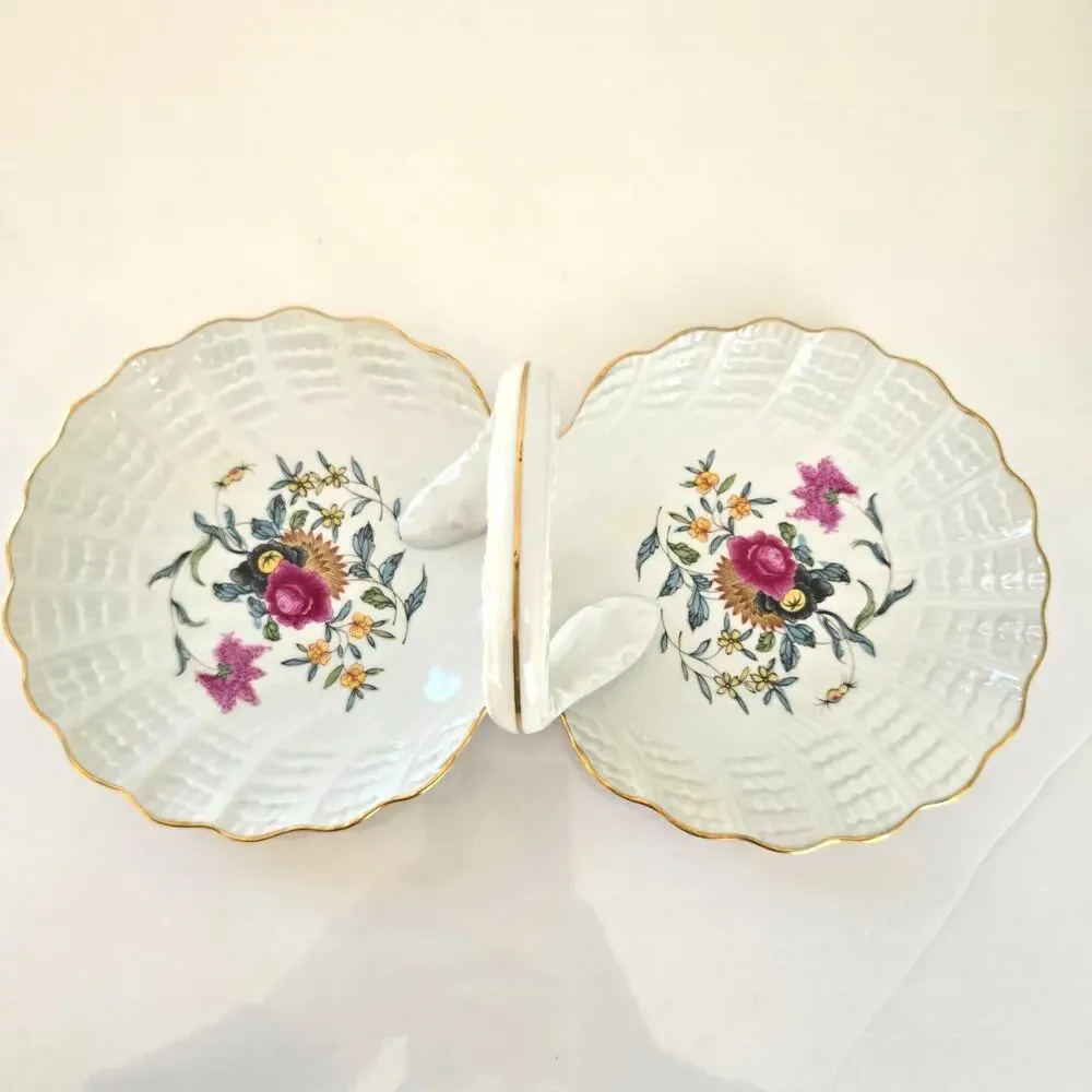 Vintage Haviland Limoge France Pondichery Handled Floral Double Shell Dish 1958